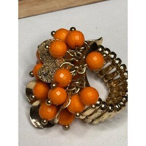 Retro Gold-Tone Stretch Ring With Orange Beads & Textured Discs